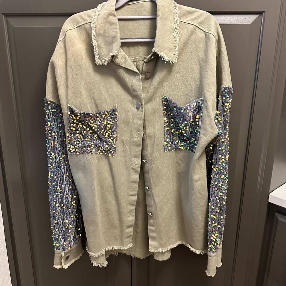 ChicMe Oversized Khaki & Sequin Button Down Shirt-Size S
